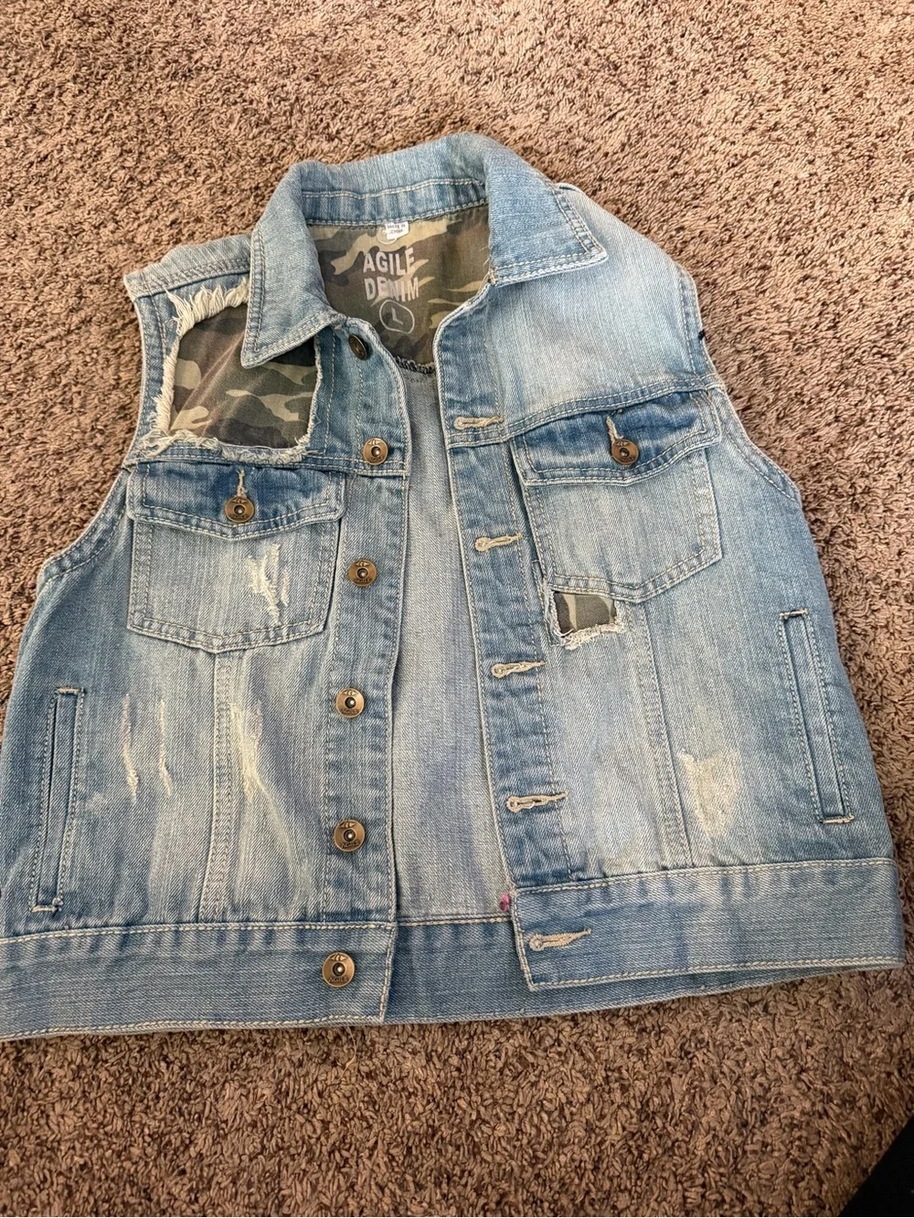 Distressed Light Blue Womens Denim Vest With Camo